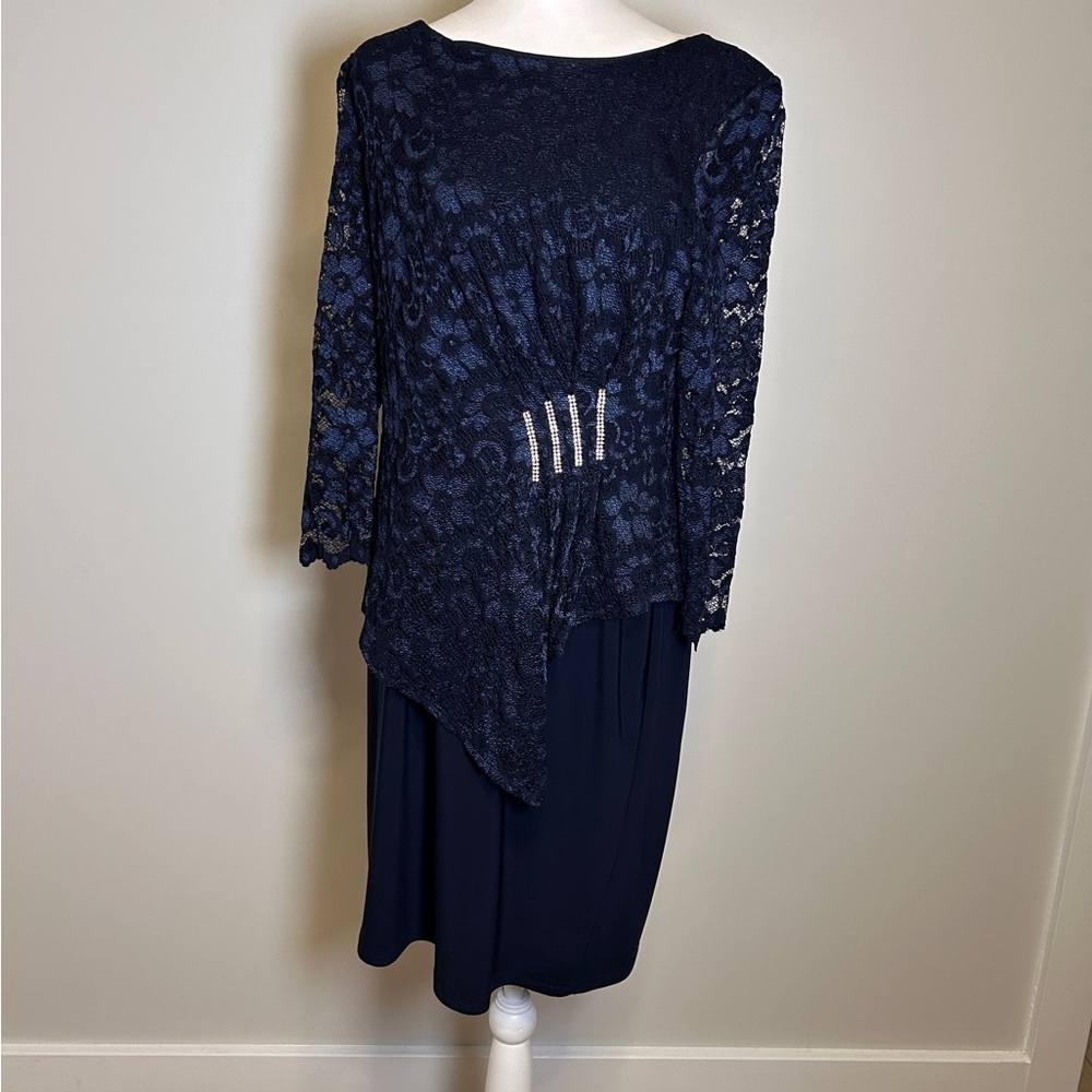 Joseph Ribkoff Dress women’s Size 14 Navy Lace overlay 3/4 sleeve Rhinestone